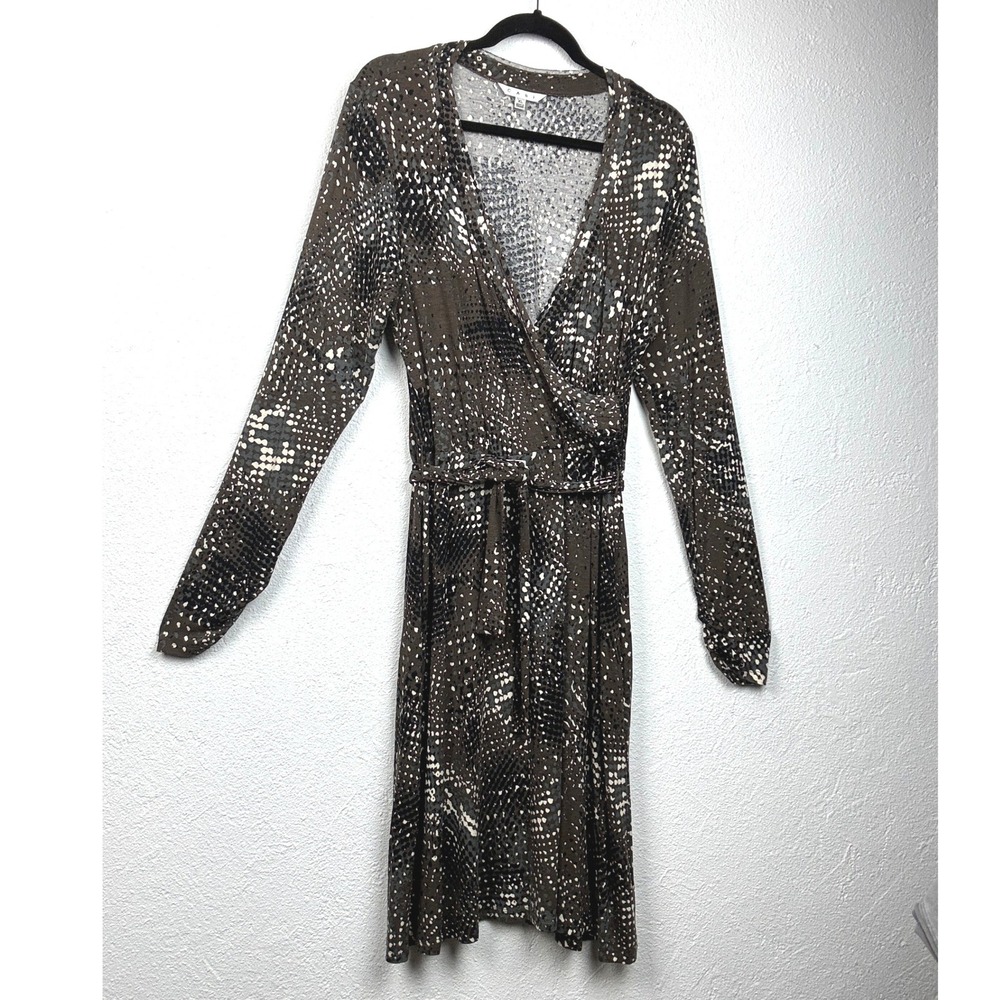 Cabi Brown Wrap Dress - XL - Long Sleeve Abstract Animal Print Boho Chic 658